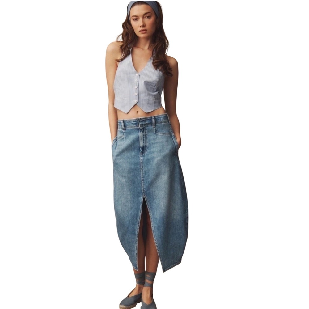 Anthropologie Pilcro Barrel Denim Midi Maxi Skirt Front Slit Pockets‎ 4 NWT